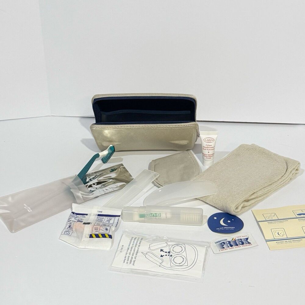 Air France AF Travel Amenity Kit Beige Navy Toiletry Bag Clarins Accessories
